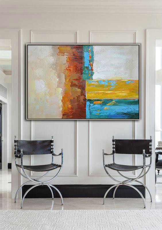 Original Art,Vertical Palette Knife Contemporary Art,Extra Large Canvas Art,Handmade Acrylic Painting,Blue,Red,Yellow,Gray.etc